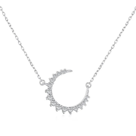 Dylam Jewelry 925 Sterling Silver Cubic Zirconia Handmade Necklace White 18K Gold Plated Rhinestone Moon Necklaces for Women