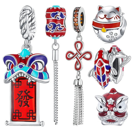 Fashion 925 Sterling Silver Chinese New Year Red Enamel Koi lion Dance Pendant Charm Fit Women Bracelet Beads Fine Jewelry DIY