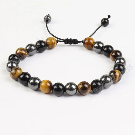 Natural Healing Adjustable Triple Protection Bracelet Hematite Tiger Eye Black Obsidian Gemstoe Crystal Bracelets for Men Women