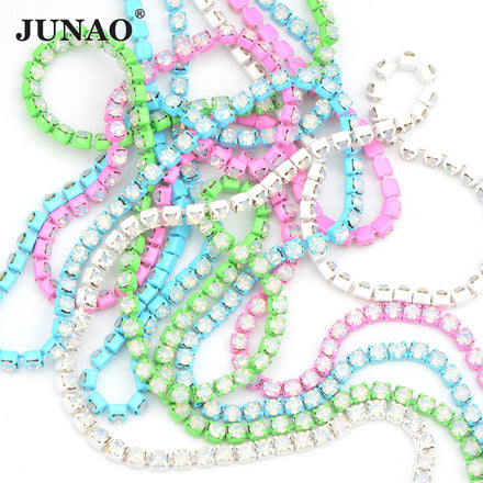 JUNAO SS6 SS8 SS12 SS16 Sewing on Crystal Trim 10 Yards Rhinestone Cup Chain Opal White Pink Color Glass Rhinestone Chain