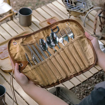 The New Portable Camping & Tour 12 Piece Stainless Steel Cutlery Set with Canvas Pouch