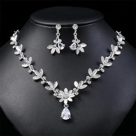 Hot Sale New Vintage National Style Leaf Flower Shape Diamond Zircon Necklace Collar Chain Jewelry Set