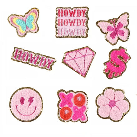 New Design butterfly Diamond Smile Face Flower Word logo Iron on Gold Glitter Embroidery pink Chenille Patches for Garments