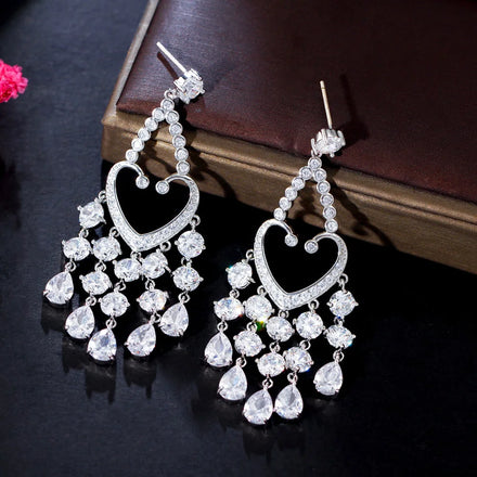 Sparking White Round Cubic Zircon Crystal Fashion Heart Long Tassel Women Wedding Earrings for Bridal Jewelry