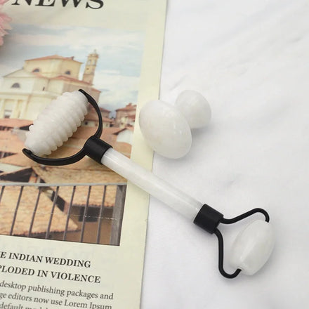 New Design 100% Natural White Jade Facial Roller with Black Metal Frame