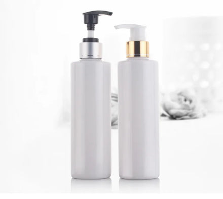 250ml PET Bright Gold Anodized Screw Pump Bottle White Flat Shoulder Cosmetic Container for Lotion and Shampoo