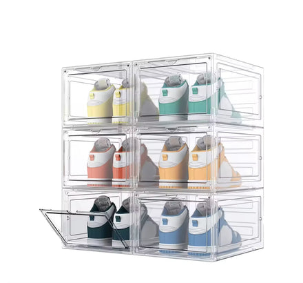 New Style 6pcs PP Black Large Folding Stackable Transparent Shoe Organizer Sneaker Box Plastic Shoe Case Storage Box