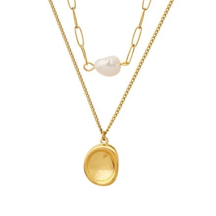 Professional Women's Stainless Steel Pendant Necklace Double-Layer Freshwater Pearls Gold Plating Trendy Style Factory Direct