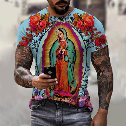 Guadalupe Virgin Mary Catholic Print T Shirts Men Summer Short Sleeve Digital Printing Top Men OEM ODM Tops 3D Shirt Tees