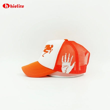 Unisex Custom 3D Embroidery Embossed 5-Panel Mesh Trucker Cap Outdoor Sport Hat 100% Polyester All-Season Orange Available