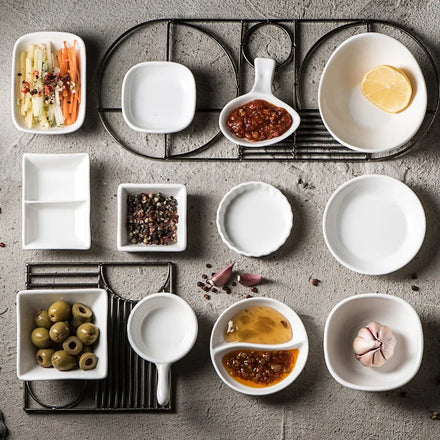 Hot Sale Creative Ceramic Condiment Dish Divided Lattice Snack Dish Taste Dish Style Restaurant Hotel Sauce Bowl