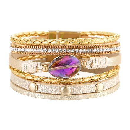 Multi-layer Strips Hand-woven Bracelet Animal Pattern Design Crystal Stone Accessories Vintage Leather Bracelet for Women Girls