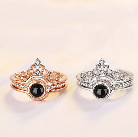 Brass Rose Gold Plated Zircon Prong Setting 100 Languages I Love You Unisex Women Men Projected Crown Combination Ring