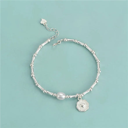 Simple Ins Style 925 Sterling Silver Pearl Bamboo Knot Beads Bracelets Round Pendant Beaded Bracelets Wholesale