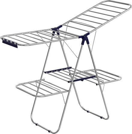 Free-Standing Large 2-Level Foldable Clothes Drying Rack Height-Adjustable Wings for Bathroom Bag and Food Use