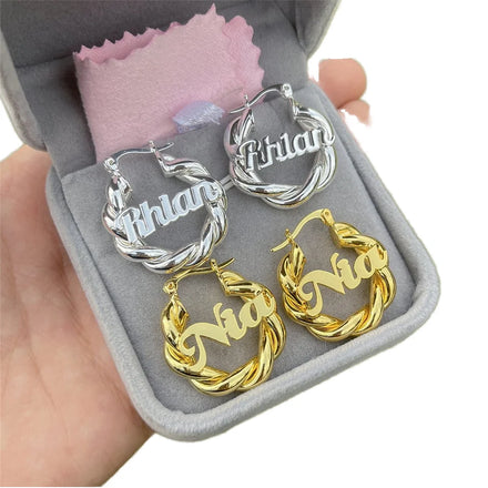 Lateefah OEM Personalize Custom Double Plated Nameplate Stainless Steel Thick Spiral Twist Hoop Earrings for Women