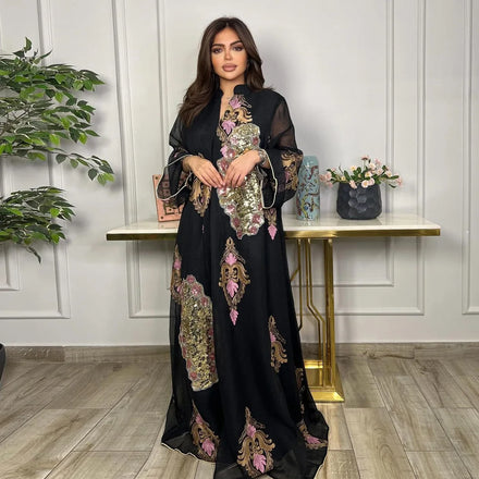 Middle Eastern Women's Embroidery Three-dimensional Kaftan Women Blouses Elegant Jalabiya Abaya Muslim Print Mesh Dress