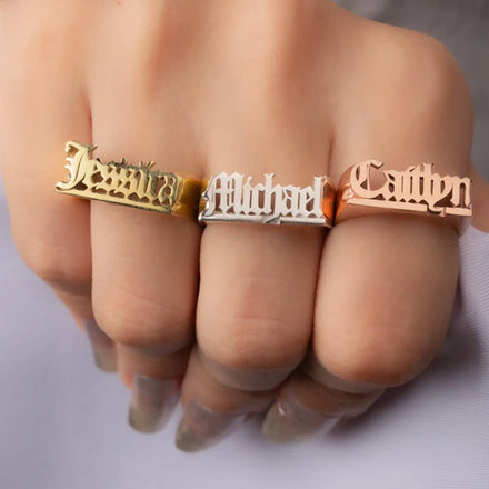 Custom Name Ring 18K Gold Plated Chunky Stainless Steel Ring Personalized Cursive Font Statement Jewelry