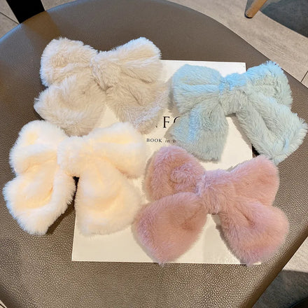 Custom Winter Faux Fur Plush Furry Large Bow Hair Clip Hairgrips Girls Bowknot Bow Clip Barrettes Women Hair Accessories