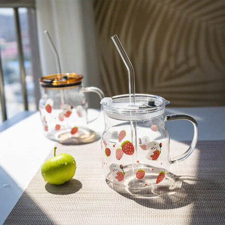 Custom Transparent Strawberry Print Single Layer High Borosilicate Glass Eco-Friendly 450ml Sippy Cup Back School Home Office