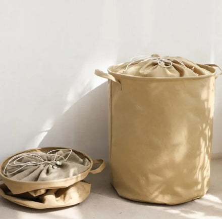 Luxury Handle Cylinder Cotton Linen Cozy Dirty Clothes Storage Basket Upright Foldable Brace Drawstring for Laundry Baskets Bins