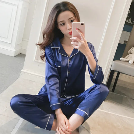 Ice Silk Winter Women's Plus Size V-neck Full Length Solid Customizable Satin Designer Pajama Sets Breathable Quick Dry