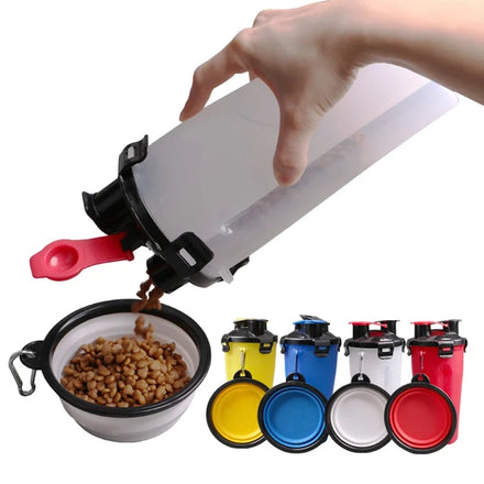 Amazons Hot Selling 2 IN 1 Dog Travel Water Bottle Collapsible Pet Food Container with Collapse Outdoor Double Used Bowls