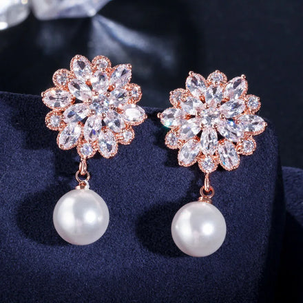Shiny White Cubic Zirconia Crystal Imitation Women Bridal Flower Drop Dangle Earring with Pearl Wedding Chic Jewelry Accessories