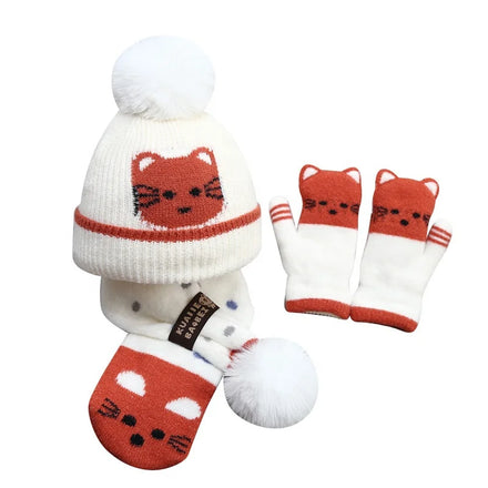 Landfond Accessory Winter Children Pom Knitting Fashion Warm Knitted Hat Scarf Gloves Set