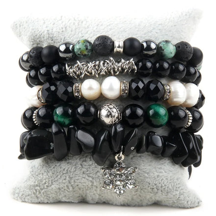 Fashion Ethnic Jewelry Natural Stone Crystal Glass Bracelet Buddha Skull Head Stack Bead Alloy Elephant Pendant Bracelets Set