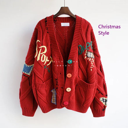 Oversized Embroidery Jacquard Wool Viscose Cardigan Women's Plus Size Knitted Front Button V-Neck OEM Wholesale