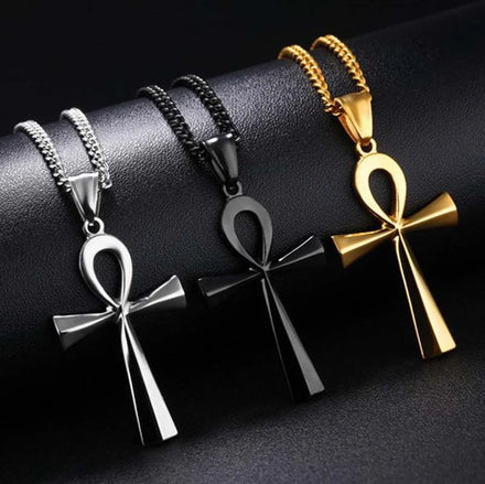 Hip Hop Classic Religious Egyptian Crucifix Gold Plated Stainless Steel Cross Ankh Charm Pendant Necklace for Men