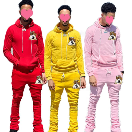 KY New Design Embroidery Custom Hoodies Flared Pants Stacked Joggers Men Sets Stacked Sweatsuits Tracksuits Men