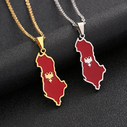 Manufacturer Stainless Steel Silver 18K Gold Enamel Flag Necklaces the Republic of Albania Flag Map Pendant Necklace