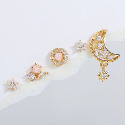 Korean Temperament Earrings Jewelry Set Wholesale Women Fashion Pearl Ear Stud 18K Gold Plated White Moon and Star Earrings
