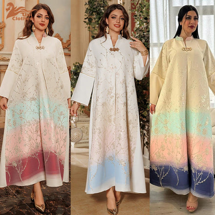 Dubai Fashion Elegant Long Dresses Jalabiya Jacquard Gradient Color Homewear Moroccan Saudi Kaftan African Abayas 2024