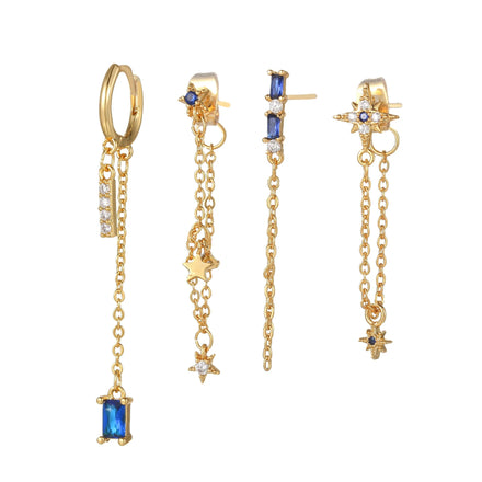 Fashion Popularity Blue Zircon 925 SilverStuds 4pcs/Set 18k Real Gold Plated Chain Star element Drop Earrings Set for Women