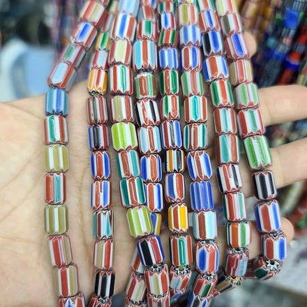 GP0904 Tribal Nepalese Vintage Mixed Handcrafted Chevron Glass Beads African Trade Bead Strand Striped Layer Chevron Tube Beads