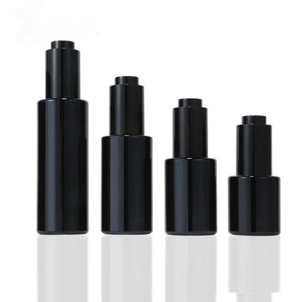 Luxury 20ml 30ml 40ml 60ml Shiny Black Flat Shoulder Glass Screw Press Pump Push Button Dropper Bottle for Cosmetics