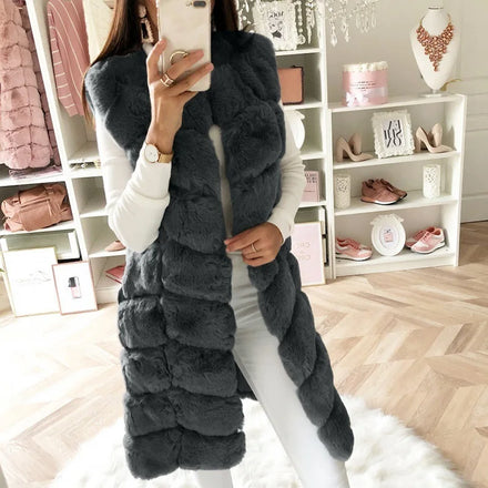 S-4XL Autumn Winter Artificial Wool Vest Cotton Padded Coat Thickened Plush Vest Winter Long Faux Fur Coats Outdoor Jacket Women