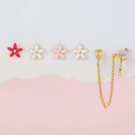 Plated Women Earrings Jewelry Small Stud Earrings Set Gold 925 Silver Fashion 5pcs Painting Oil Flower for Girls 18K Gold Brass