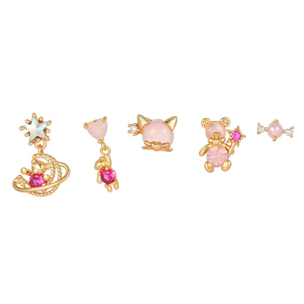 5Pcs Pink Bear Collection Earrings Niche Design Premium Stud Earrings 18K Gold Plated Jewelry