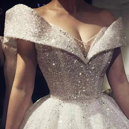 Luxury Sparkle Sequins Ball Gown Wedding Dress Off the Shoulder Dubai Arabic Bridal Gowns Long Backless Shiny Vestidos Plus Size