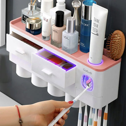 Family Magnetic Plastic Tooth Brushing Water Washing Teeth Cleaner Cup Automatic Toothpaste Dispenser With Toothbrush Holder