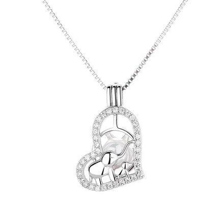 925 Silver Locket Necklace Pendant with Elephant Mother and Kid Design Pearl Jewelry