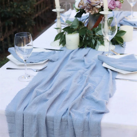 Ready Stock Woven Wedding Table Runner in Dusty Blue Terracotta Cotton with Matching Napkins in Sage Green and Black