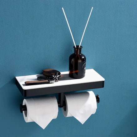 Black Brushed Stainless Steel Modern Wall Mount Bathroom Paper Holder & Phone Rack with Striped Marble Design