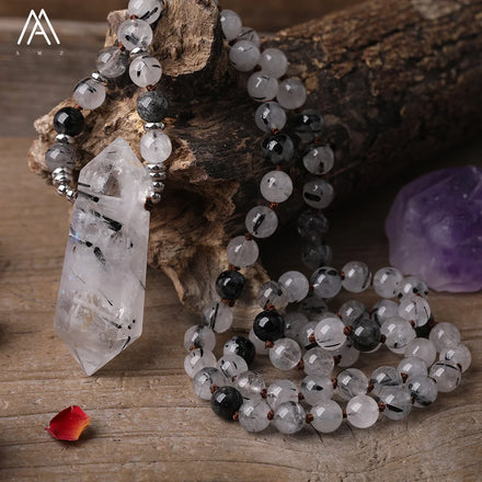 Black Rutilated Quartz Mala Necklace Healing Crystals Prayer Beads Knotted Necklaces for Men Gifts