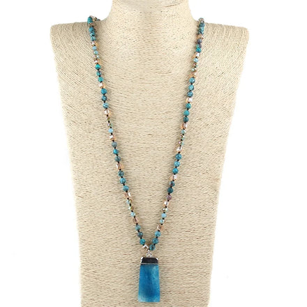 Fashion Long Knotted Agate Jewelry 6mm Natural Stone Crystal Glass Necklace Rectangle Pendant Necklace