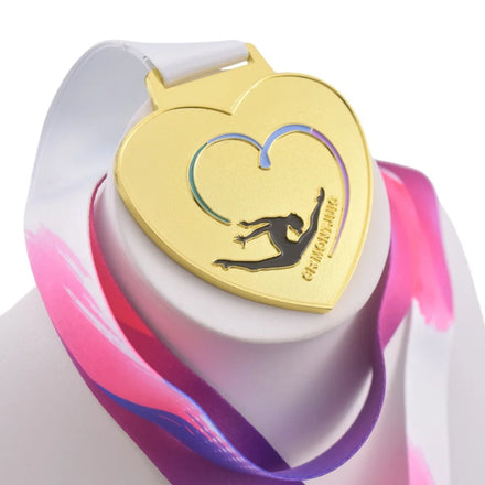 Custom London Gold Plated Soft Enamel Heart Shape Dance Marathon Gymnastic Medallion 1st Place Medal with Rainbow Ribbon